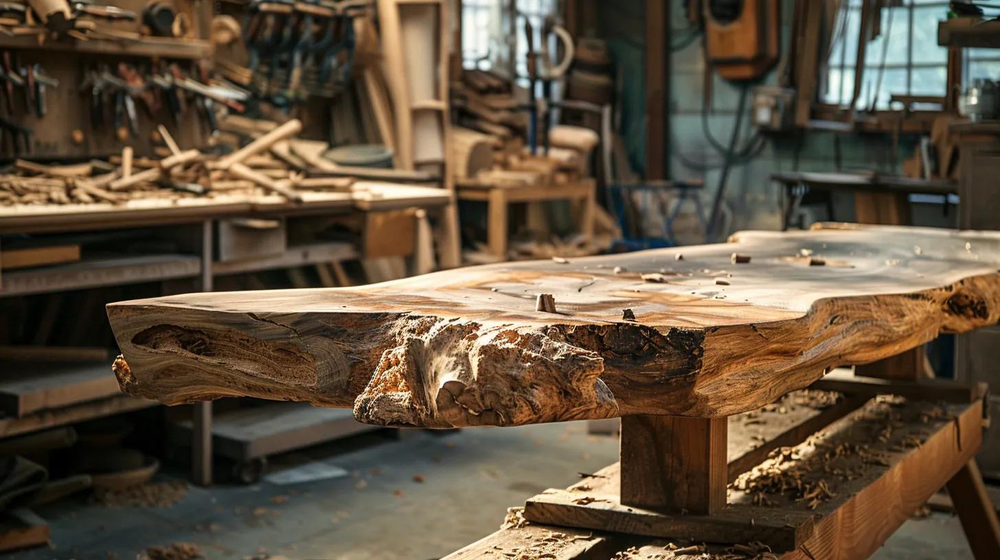 a finished piece of appalachian woodworking sitting in a workshop in West Virginia a finished piece of appalachian woodworking sitting in a workshop in West Virginia