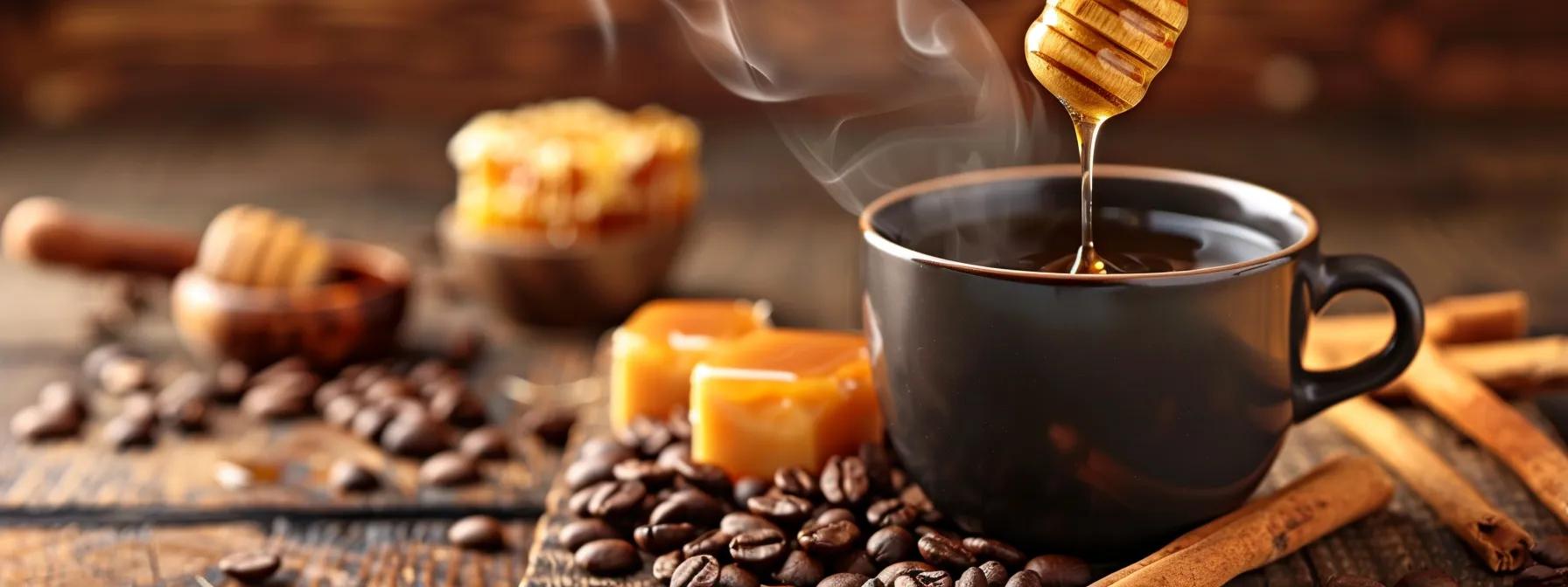 A steaming cup of black coffee on a rustic wooden table, with a honey dipper drizzling golden honey into the mug. In the background, soft light highlights scattered coffee beans, a small cinnamon stick, and a caramel square, creating a cozy, inviting café atmosphere. The scene feels warm, natural, and gourmet—perfectly capturing the idea of using honey as a natural sweetener for coffee.