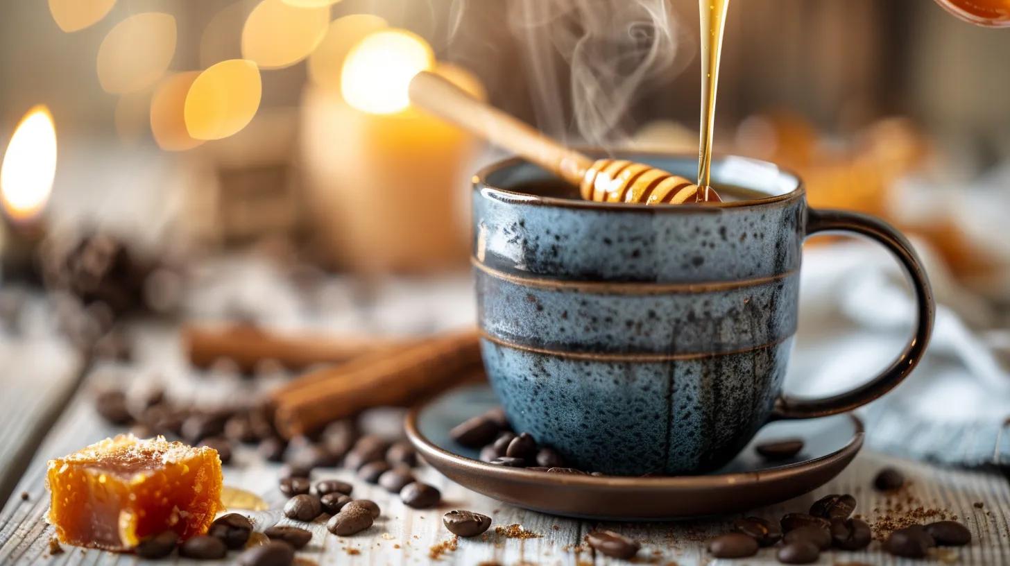 A steaming cup of black coffee on a white rustic wooden table, with a honey dipper drizzling golden honey into the mug. In the background, soft light highlights scattered coffee beans, a small cinnamon stick, and a caramel square, creating a cozy, inviting café atmosphere. The scene feels warm, natural, and gourmet—perfectly capturing the idea of using honey as a natural sweetener for coffee.