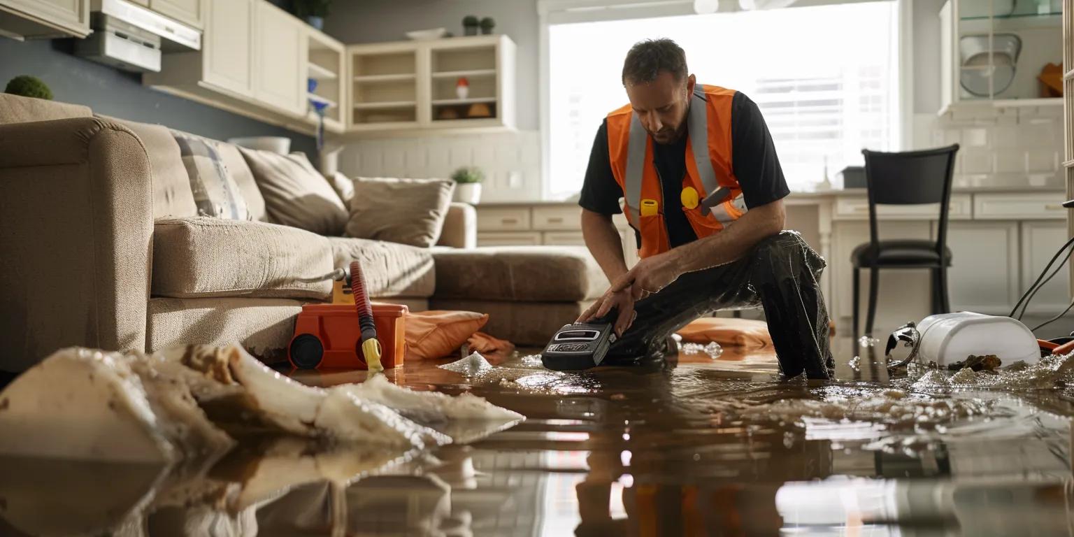 Technician in water-damaged living room using restoration equipment, with flooded floor and furniture, representing 24 Hour Flood Fighters' emergency water damage restoration services.