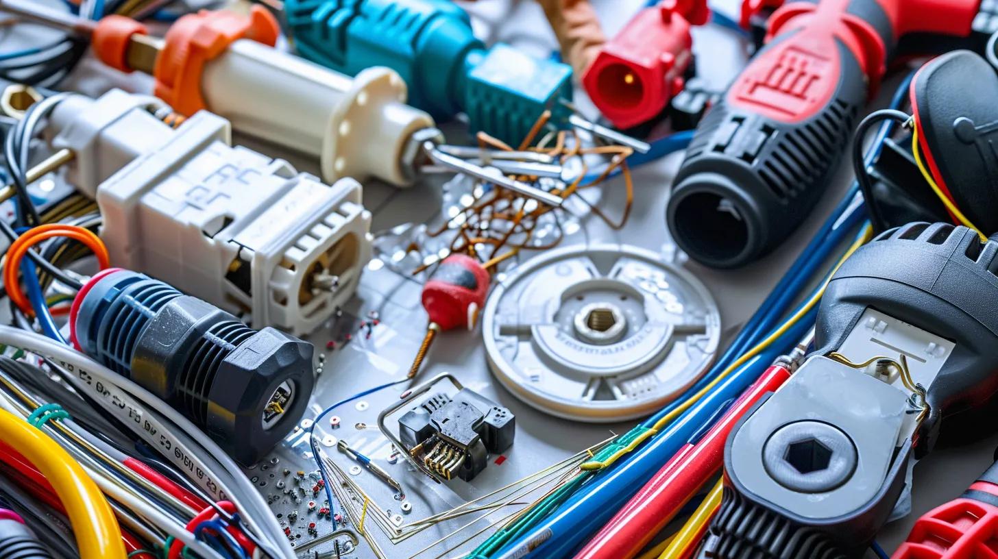 Electrician tools, wiring, and electrical components in a modern Birmingham setting, with elements representing cost factors like complexity, location, and materials. No humans, animals or text.