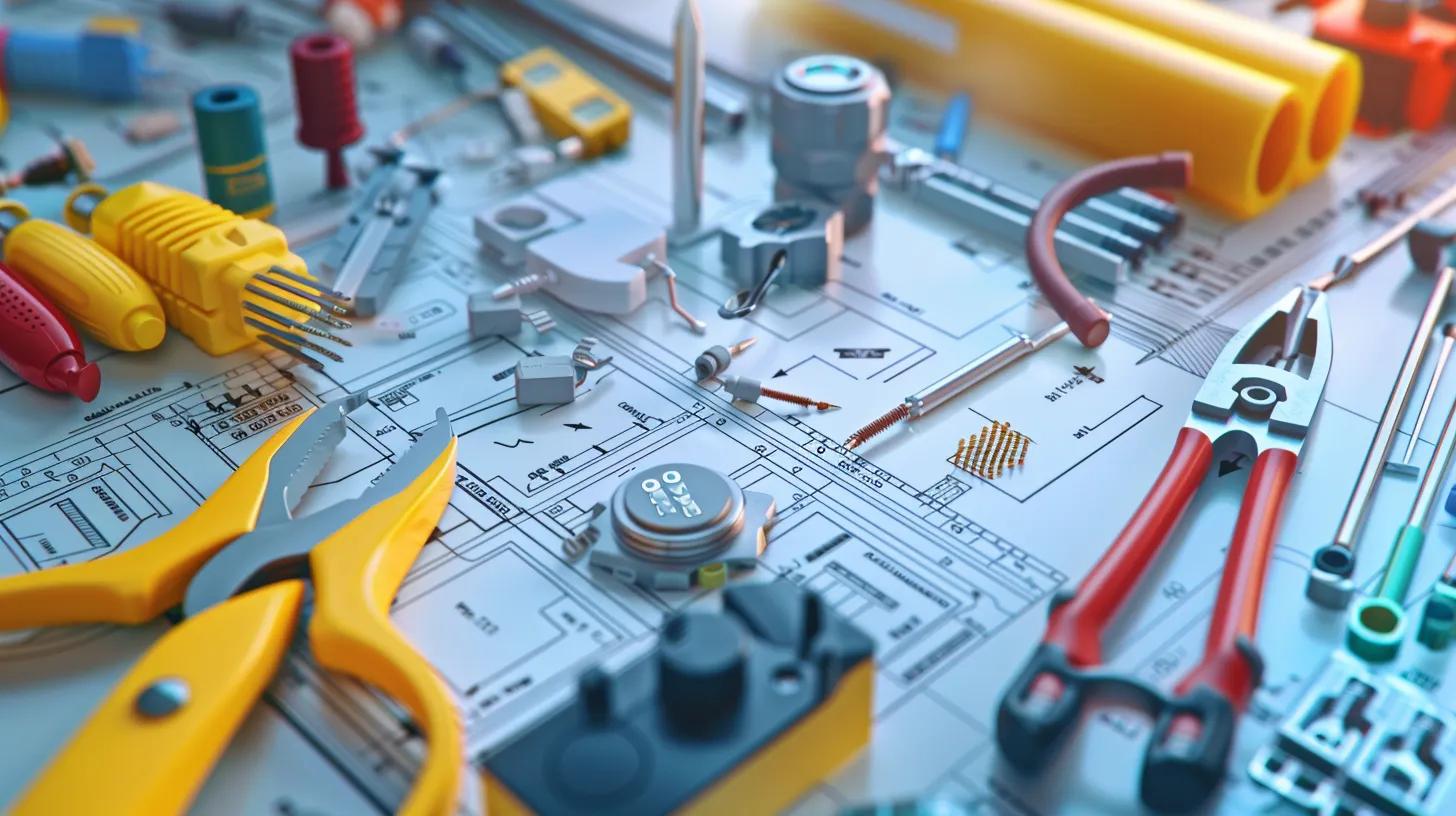 Electrician tools, wiring, and electrical components in a modern Birmingham setting, with elements representing cost factors like complexity, location, and materials. No humans, animals or text.