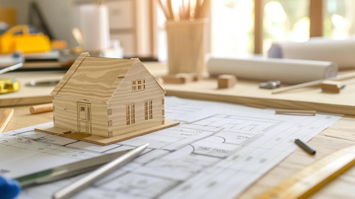 Wooden model house on top of blueprint Wooden model house on top of blueprint