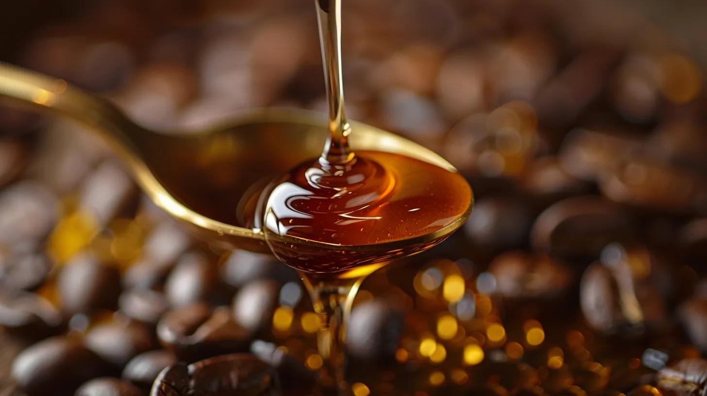 A close-up shot of espresso honey being drizzled from a spoon, highlighting its antioxidant-rich ingredients