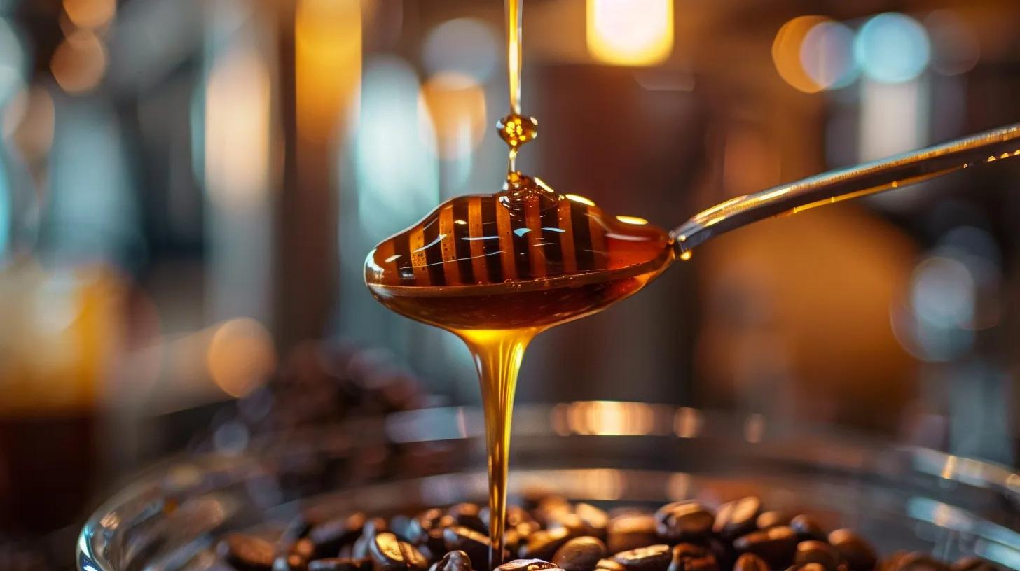 A close-up shot of espresso honey being drizzled from a spoon, highlighting its antioxidant-rich ingredients