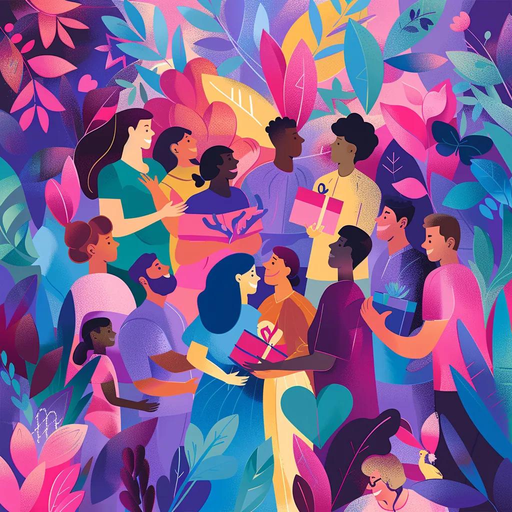 A diverse group of people showing affection and connection through various means.