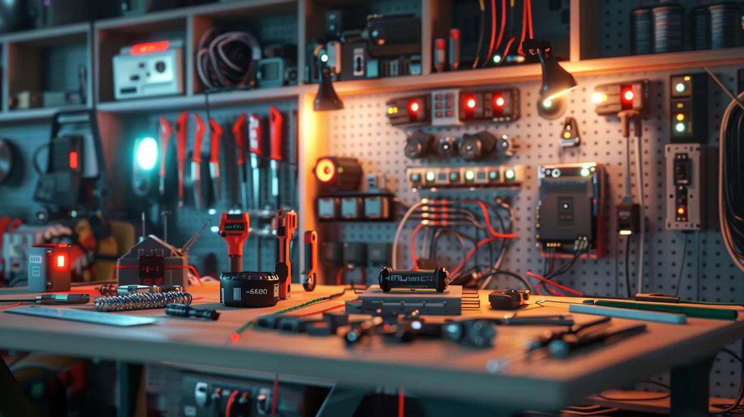 An electrician's workshop, filled with various tools and electronics.