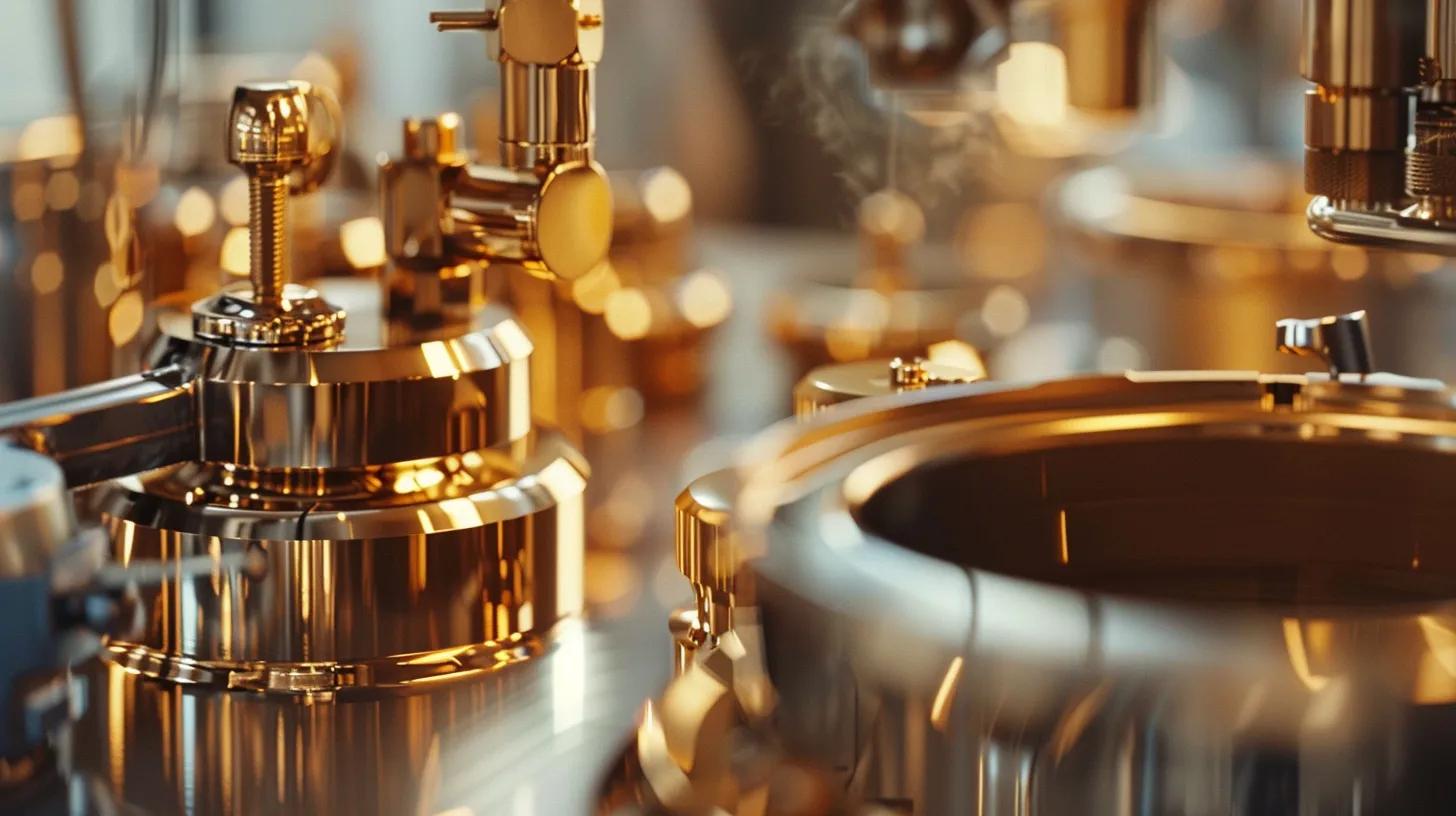 A realistic close-up of luxury metal objects being gold-plated in a professional workshop.