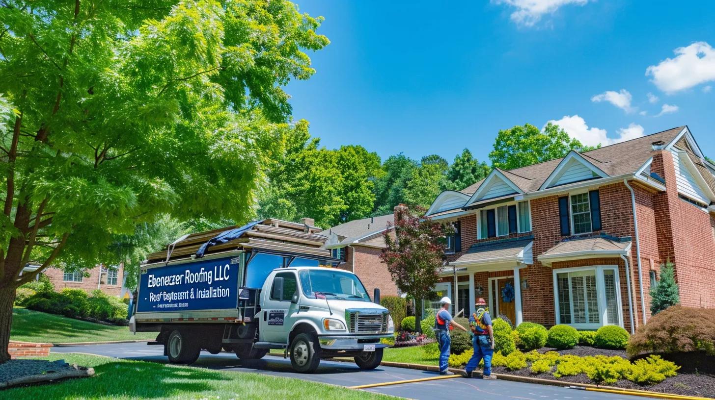 Roofers from Ebenezer Roofing LLC are installing a new roof on a suburban brick home in Manassas, VA