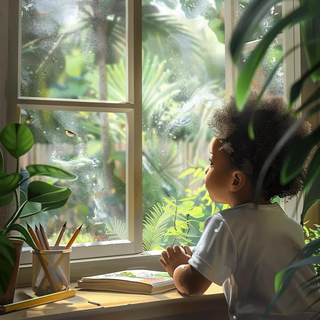 Create a realistic image of a preschool-aged child (around 3–5 years old, diverse background) gazing curiously out a sunny classroom window. The child’s reflection is softly visible in the glass, surrounded by plants or nature outside (birds, leaves, or clouds). Inside the classroom, books, crayons, and educational toys are visible on a nearby table. The lighting is warm and natural, evoking calm curiosity and focus. Photorealistic, 4K detail, cinematic depth of field.