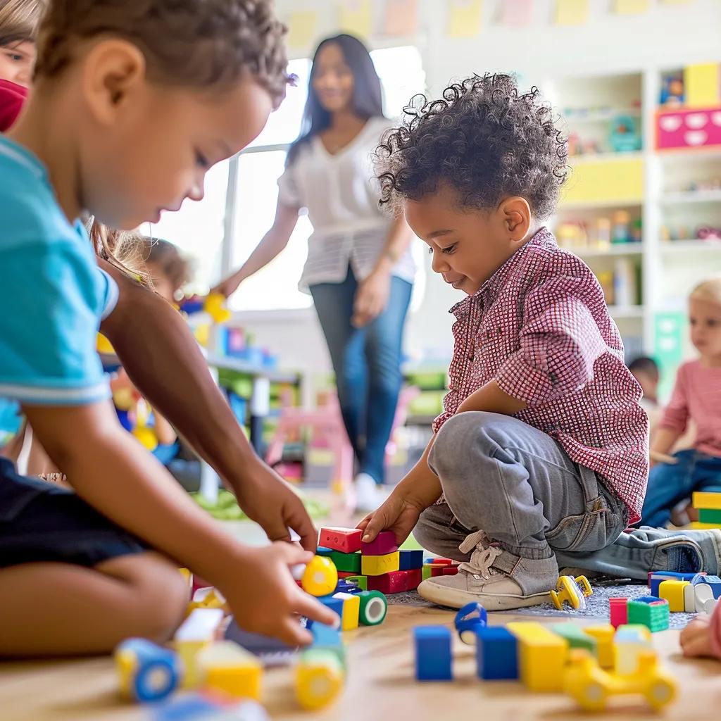 Create a realistic image of preschool-aged children (ages 3–5, diverse backgrounds) in a bright Kidazzle classroom. One child is helping another tie their shoe or clean up blocks, while a teacher looks on proudly in the background. The atmosphere is warm, caring, and full of light, showing teamwork and friendship. Use natural sunlight, bright colors, and soft focus to emphasize empathy and connection. Photorealistic 4K quality, cinematic lighting.