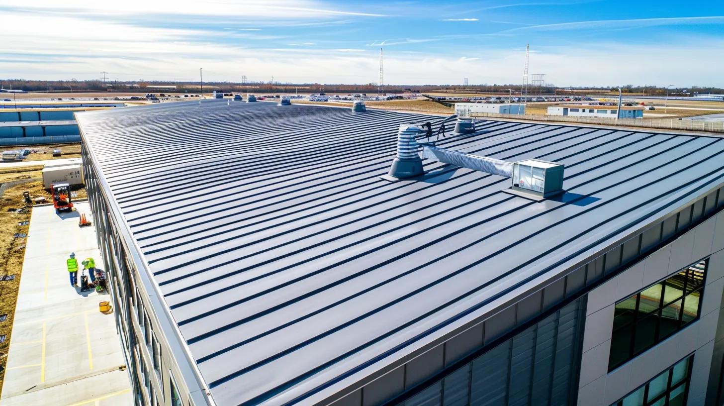 Commercial roofing contractors in Manassas VA installing a metal roof on a modern business building.
