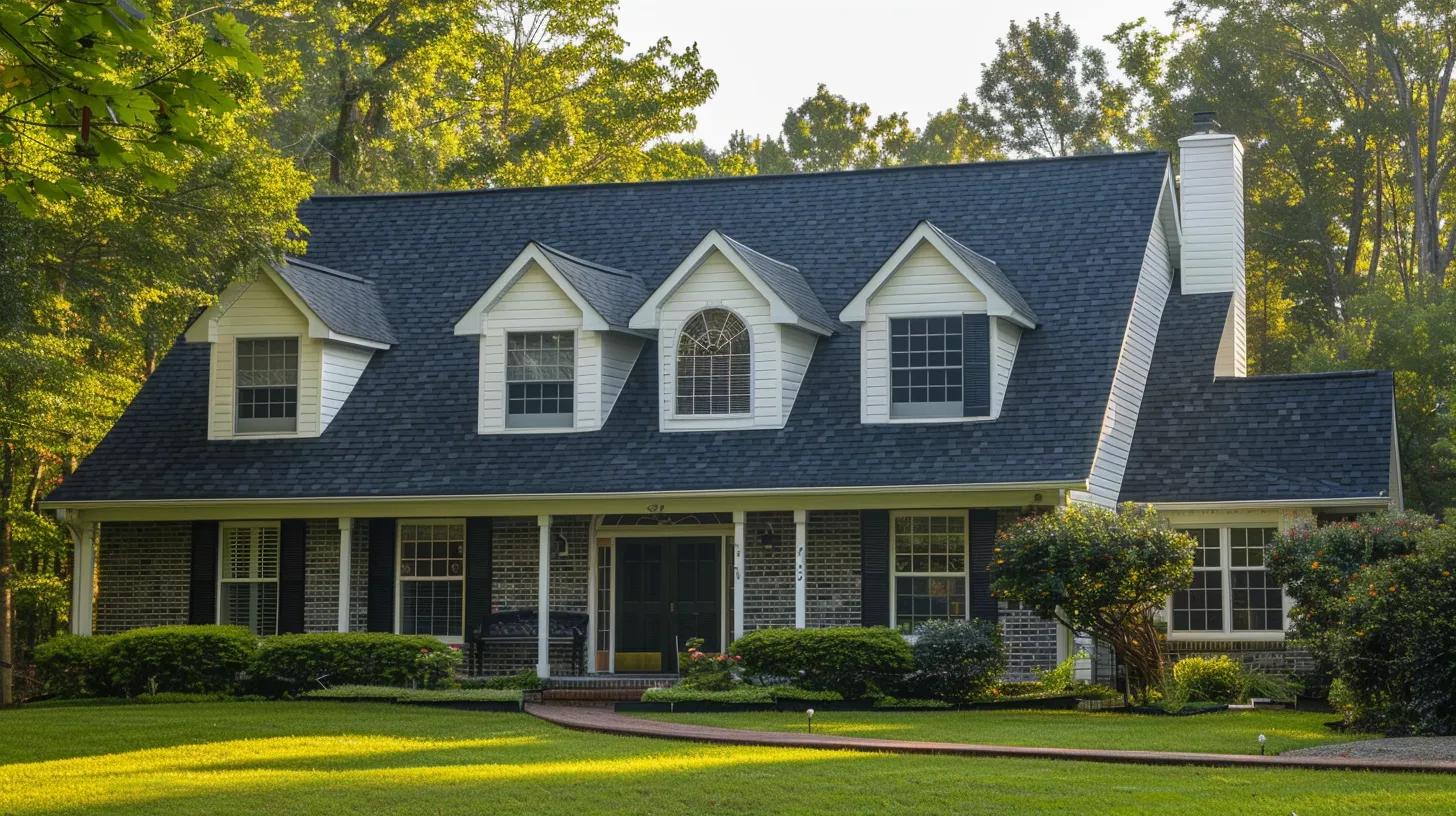 Residential home in Northern Virginia featuring a new energy-efficient roof and seamless rain gutter installation.
