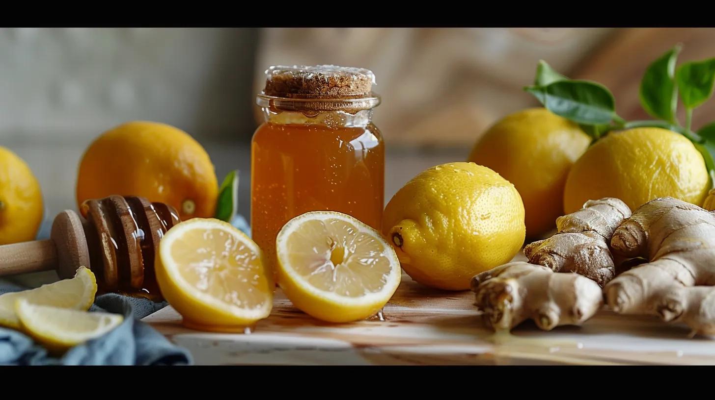 Fresh ingredients for homemade cough syrup including honey, lemons, and ginger