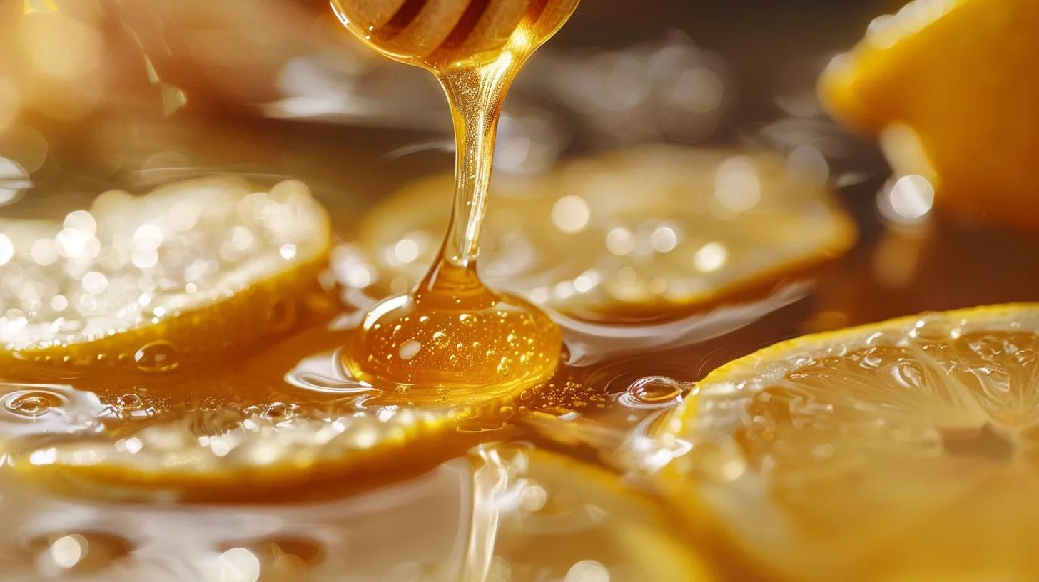 Close-up of Huckle Bee Farms Lemon Honey being added to warm water