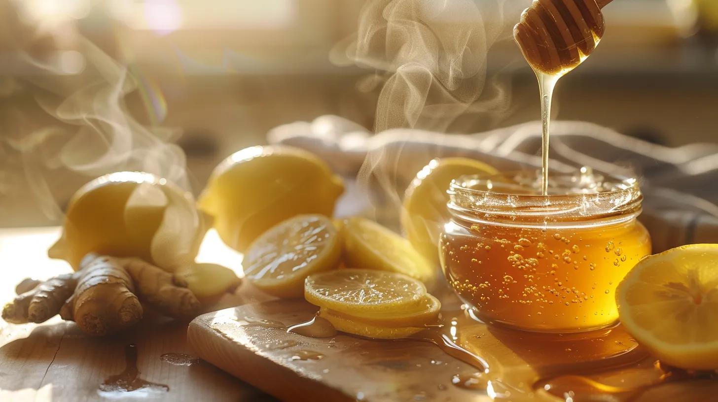 A warm, close-up scene showing golden honey slowly dripping from a spoon into a steaming cup of hot water. Thin lemon slices float gently on the surface, releasing tiny bubbles as the honey blends in. Soft morning light highlights the steam rising from the cup, while a small jar of honey, a sliced lemon, and a piece of fresh ginger rest on a rustic wooden surface in the blurred background. The overall mood feels cozy, soothing, and natural—perfectly capturing the process of making a homemade honey-lemon cough syrup.