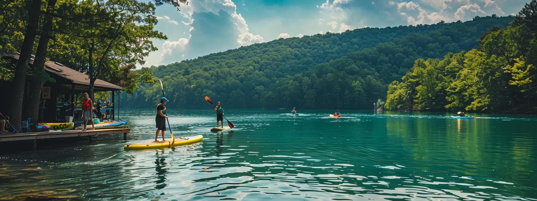 a paddleboard rental service dropping off paddleboards to customers at summersville lake in west virginia
