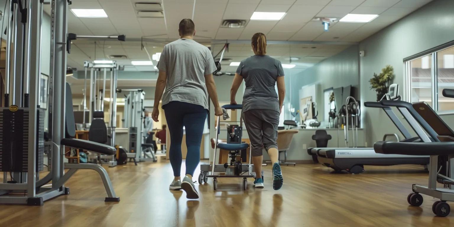 Two individuals walking in a rehabilitation gym, one using a walker, surrounded by exercise equipment, emphasizing recovery and mobility support in regenerative medicine.