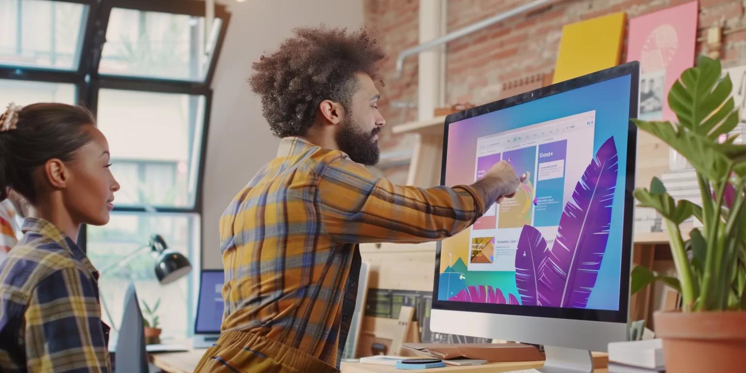 Two professionals collaborating on web design, with a focus on digital marketing strategies, showcasing a computer screen displaying vibrant design elements and workflow tools in a modern office setting.