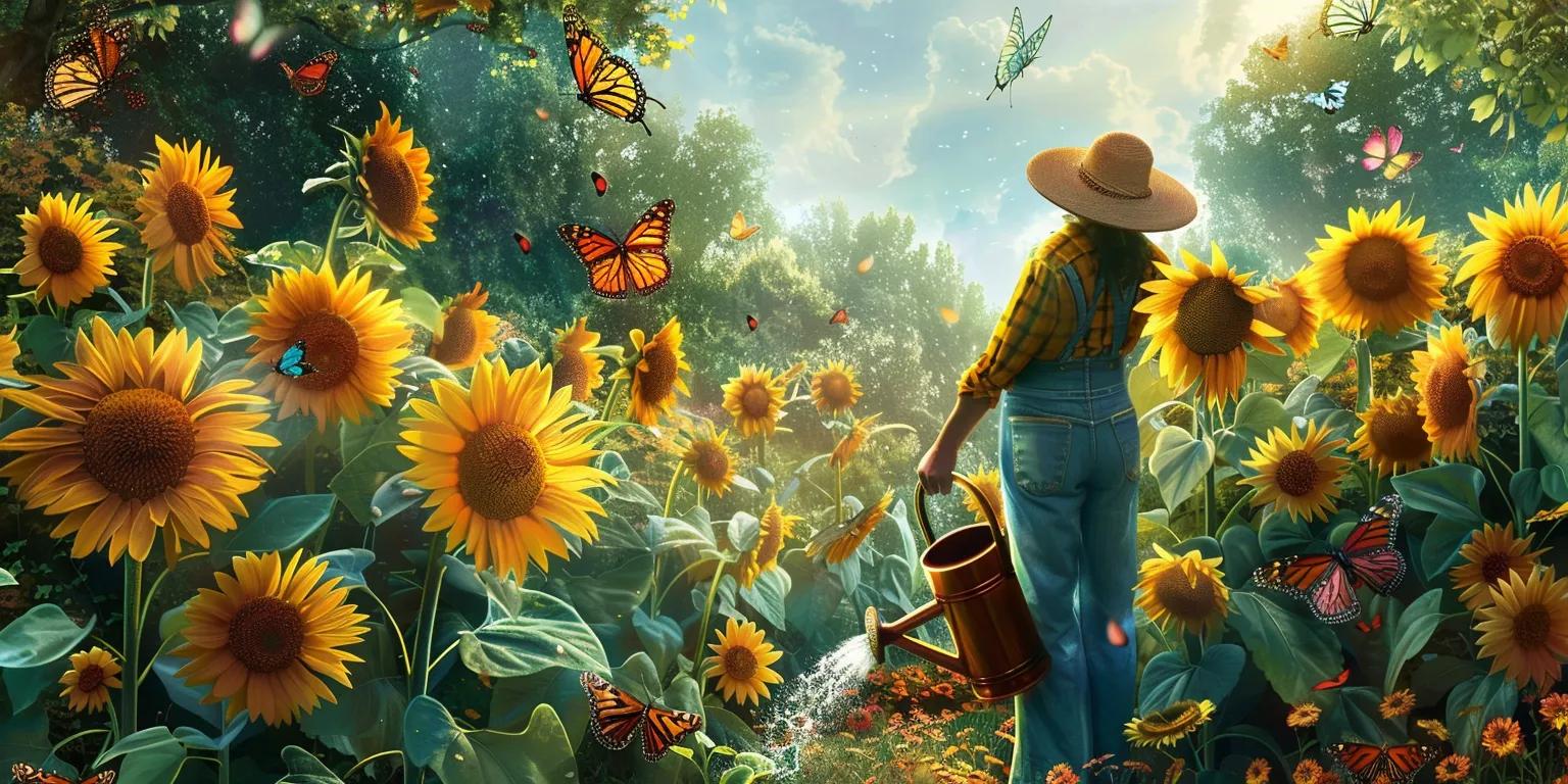 Woman watering vibrant sunflowers in a lush garden, surrounded by butterflies, capturing the essence of nature and artistic inspiration in Perth's Sunflower Garden.