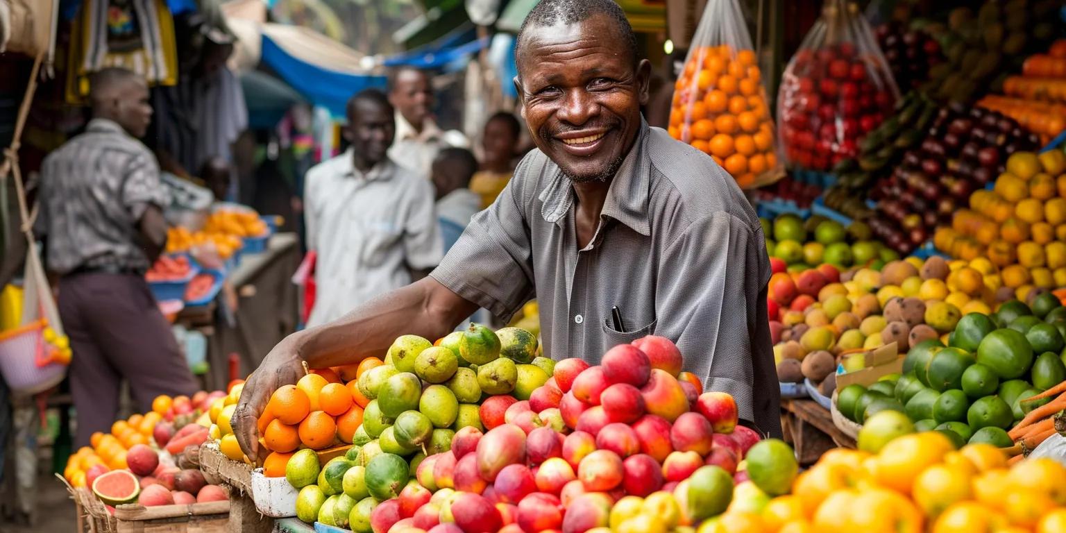 Smiling vendor showcasing a vibrant display of fresh fruits, including oranges, apples, and greens, in a bustling market setting, reflecting the quality and variety offered by Fruit Page in Perth.