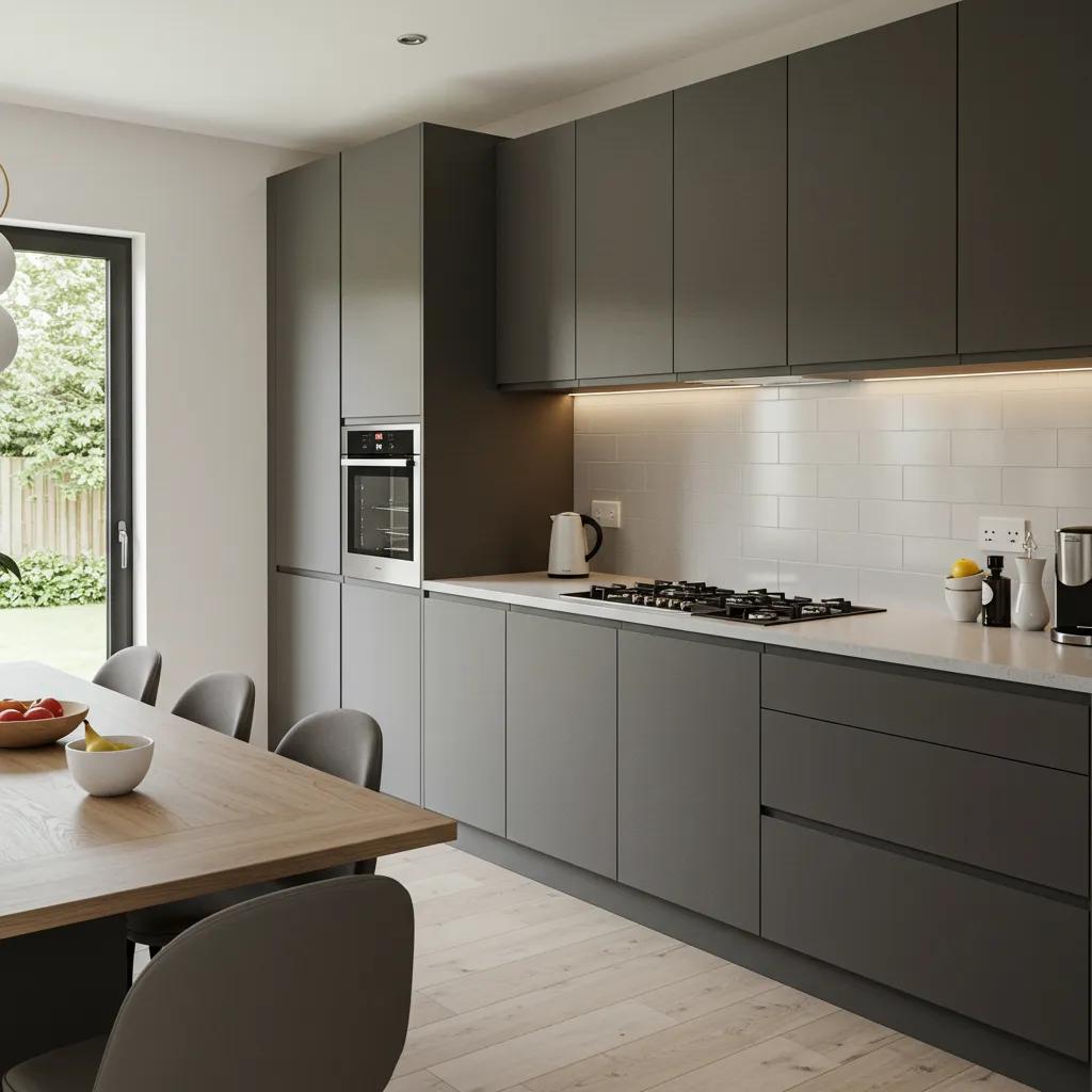 A modern kitchen featuring integrated smart home technology and sustainable materials, showcasing the possibilities of house plan modifications