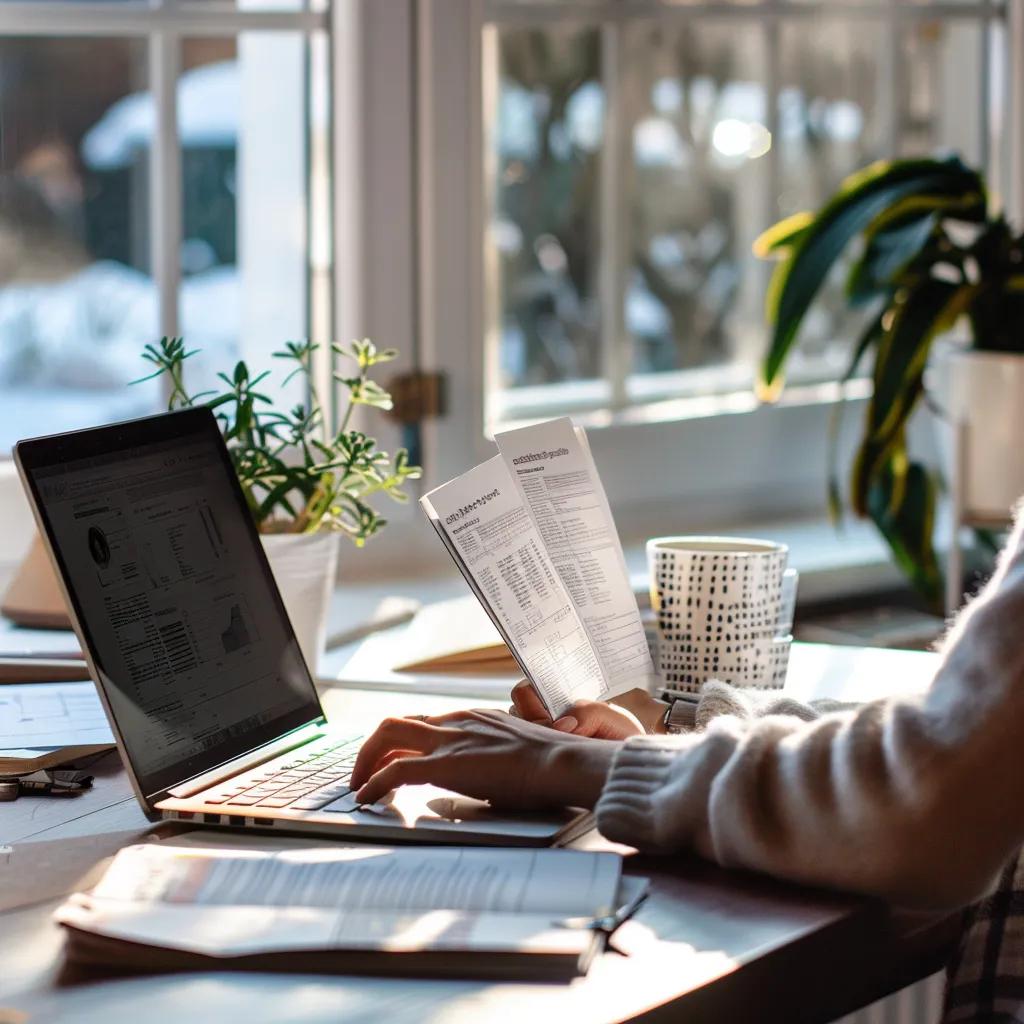 Person reviewing superannuation statements and using a laptop for account consolidation