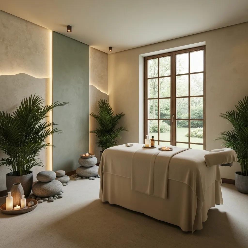 Ayurvedic therapy room with natural elements, promoting Panchakarma wellness