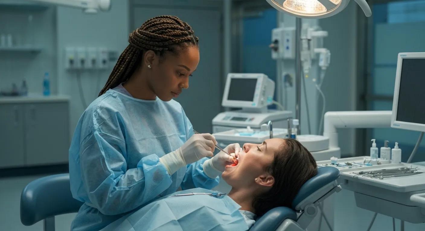 A dental professional performing a root canal procedure in an emergency setting