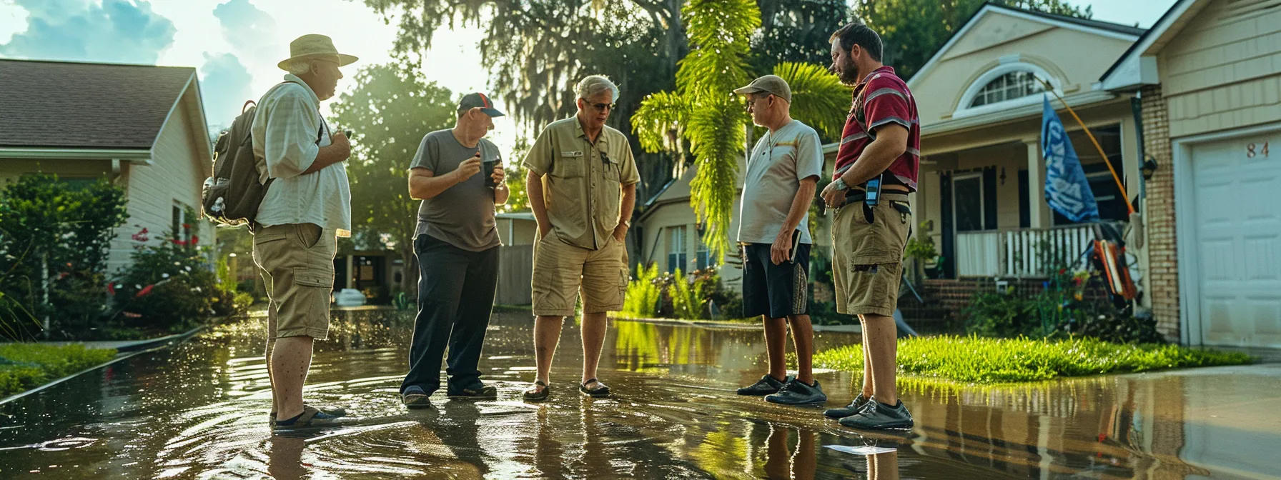 a group of neighbors discussing flood insurance requirements and elevation measurements in a flood-prone area.