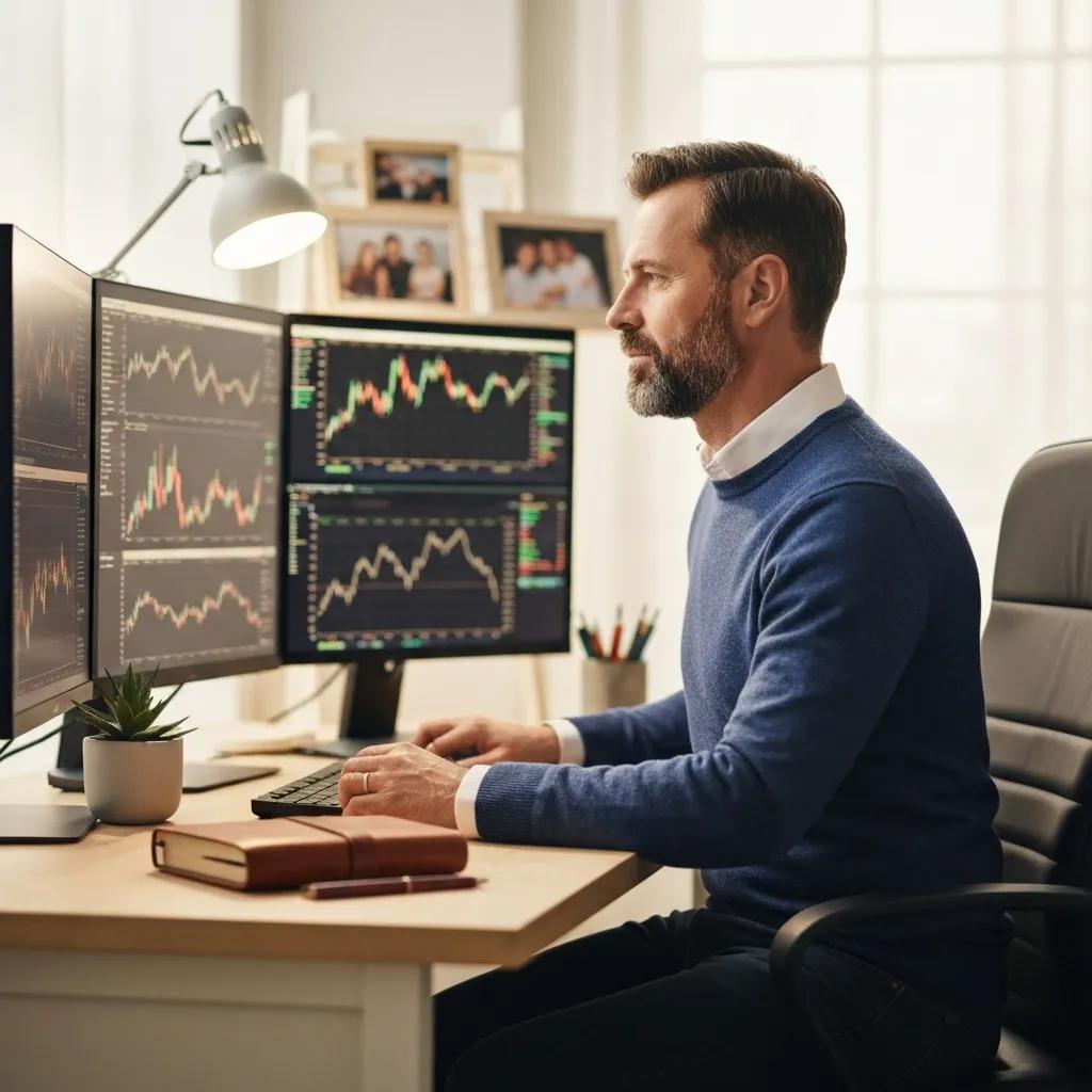 Trader enfocado en tendencias del mercado, mostrando la influencia emocional en las decisiones financieras