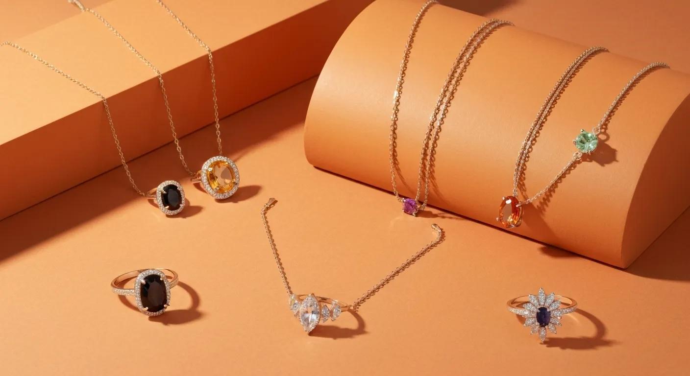 Colorful birthstone jewelry pieces including necklaces and rings showcasing various gemstones