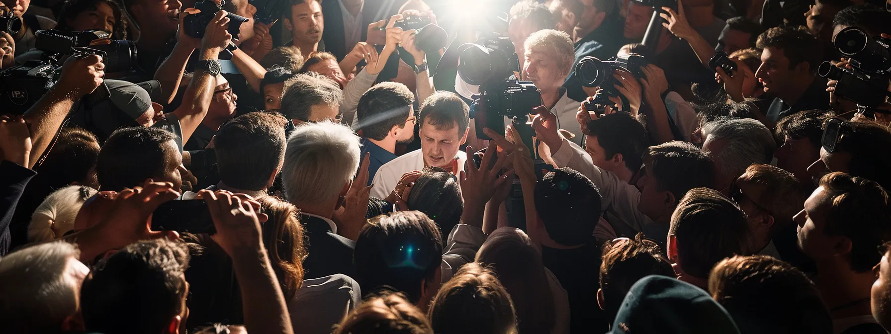 a celebrity surrounded by a crowd of supportive fans and media personnel.