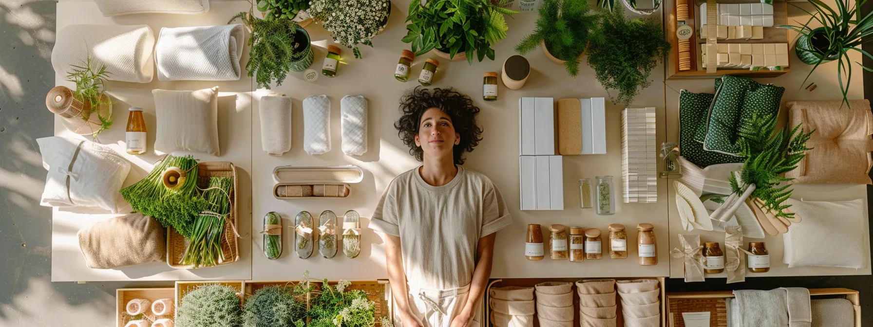 a person surrounded by various organic products such as mattresses, duvets, soaps, and clothing, showcasing their commitment to environmental conservation.