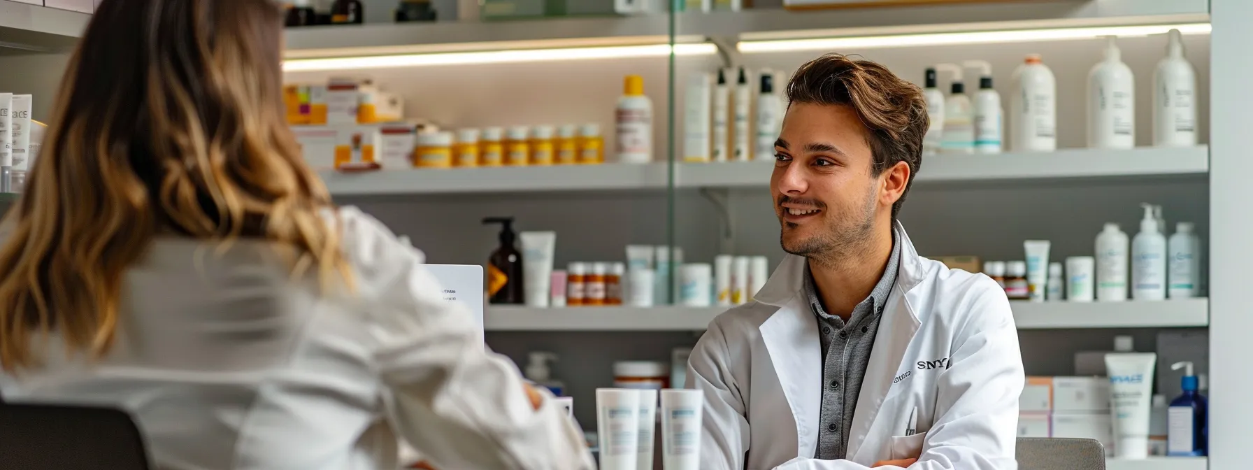 a person sitting in a dermatologist's office, discussing options for professional skin treatments for dry skin under their eyes.