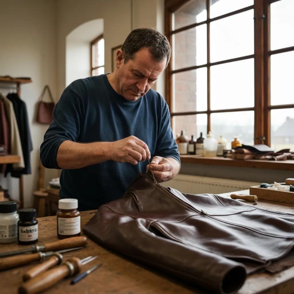 An artisan meticulously hand-stitching a leather jacket, showcasing exceptional American craftsmanship and quality