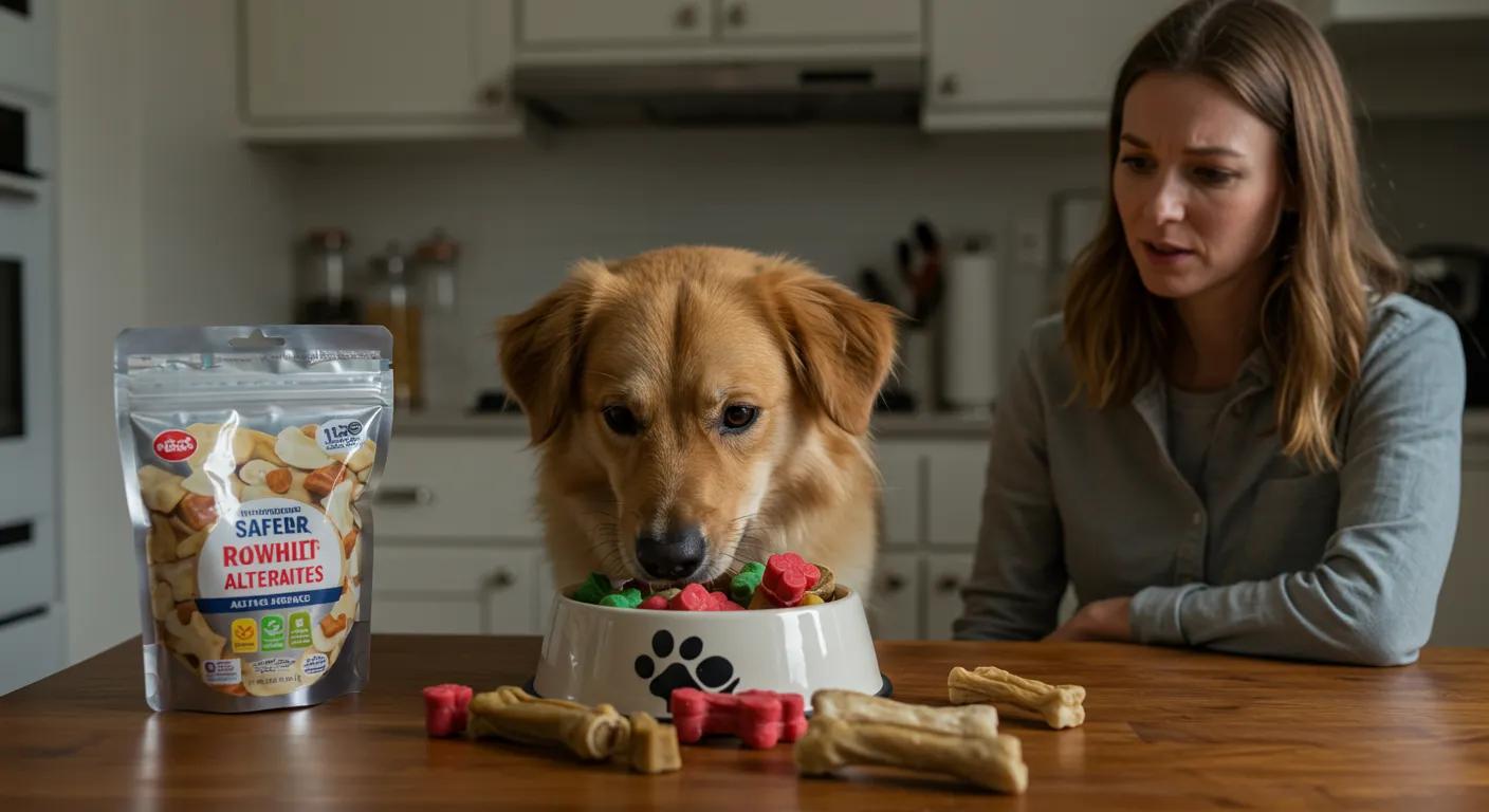 a cozy, well-lit kitchen setting features a dog eagerly sniffing a bowl filled with colorful, safer rawhide alternatives, while a concerned owner watches closely, illustrating the careful transition to healthier pet treats. a cozy, well-lit kitchen setting features a dog eagerly sniffing a bowl filled with colorful, safer rawhide alternatives, while a concerned owner watches closely, illustrating the careful transition to healthier pet treats.