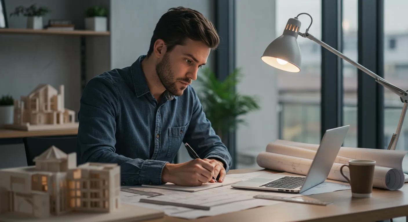 a focused architect sits at a sleek desk surrounded by blueprints and architectural models, immersed in study with a laptop open, showcasing a systematic approach to preparing for the architect registration examination in a modern office setting.