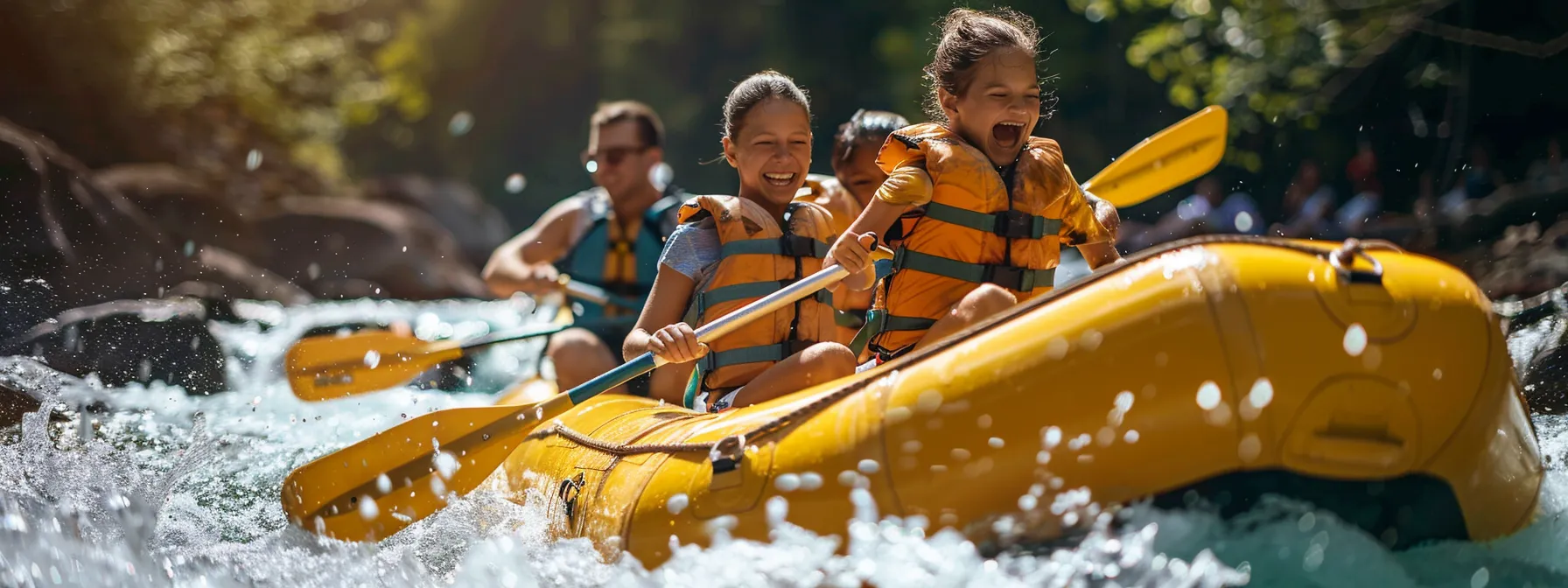 a family in a whitewater rafting boat, navigating through rushing waters with smiles and laughter.