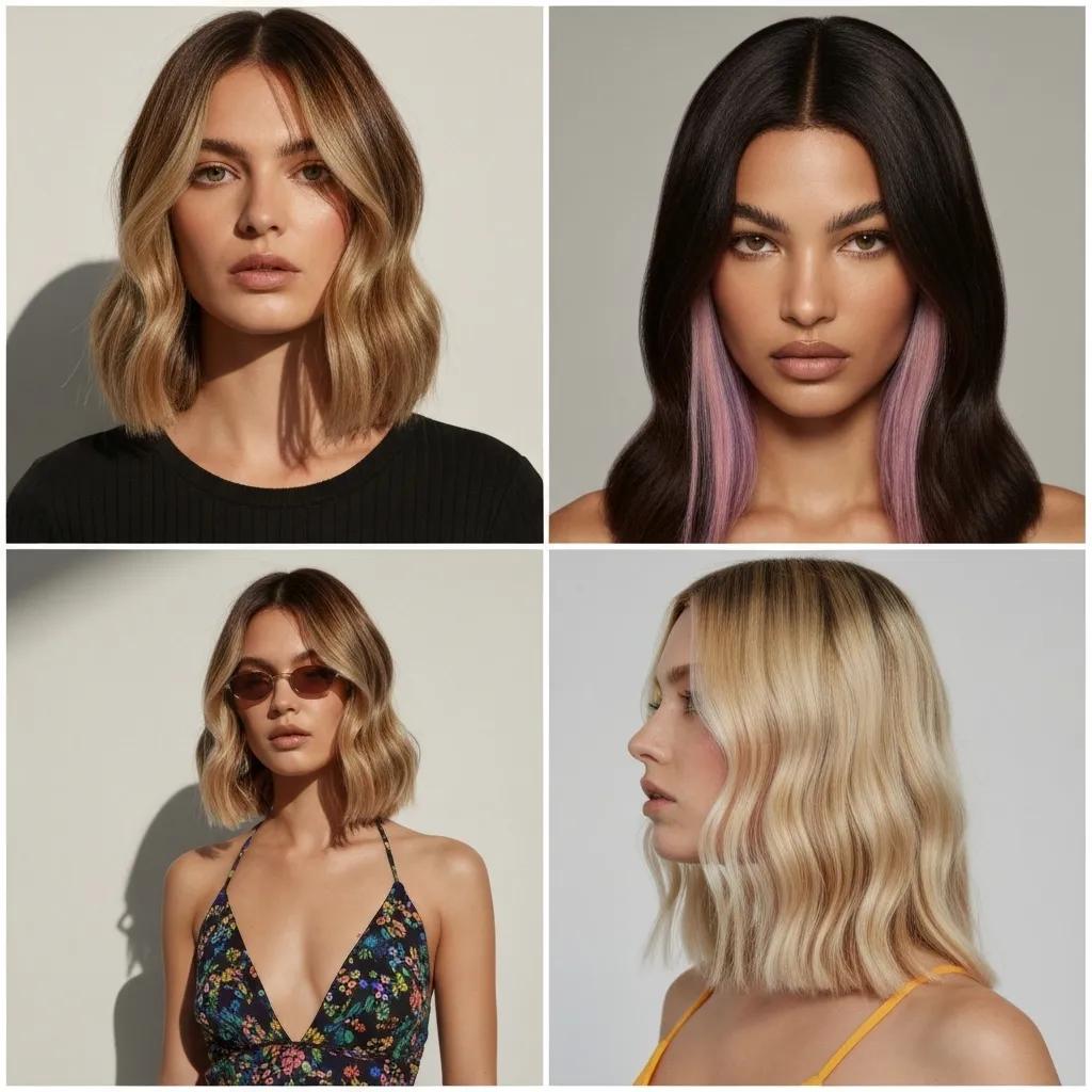 Collage of trending hair colors for 2024, featuring diverse models with bronde balayage, pastel underlights, and sunset ombré