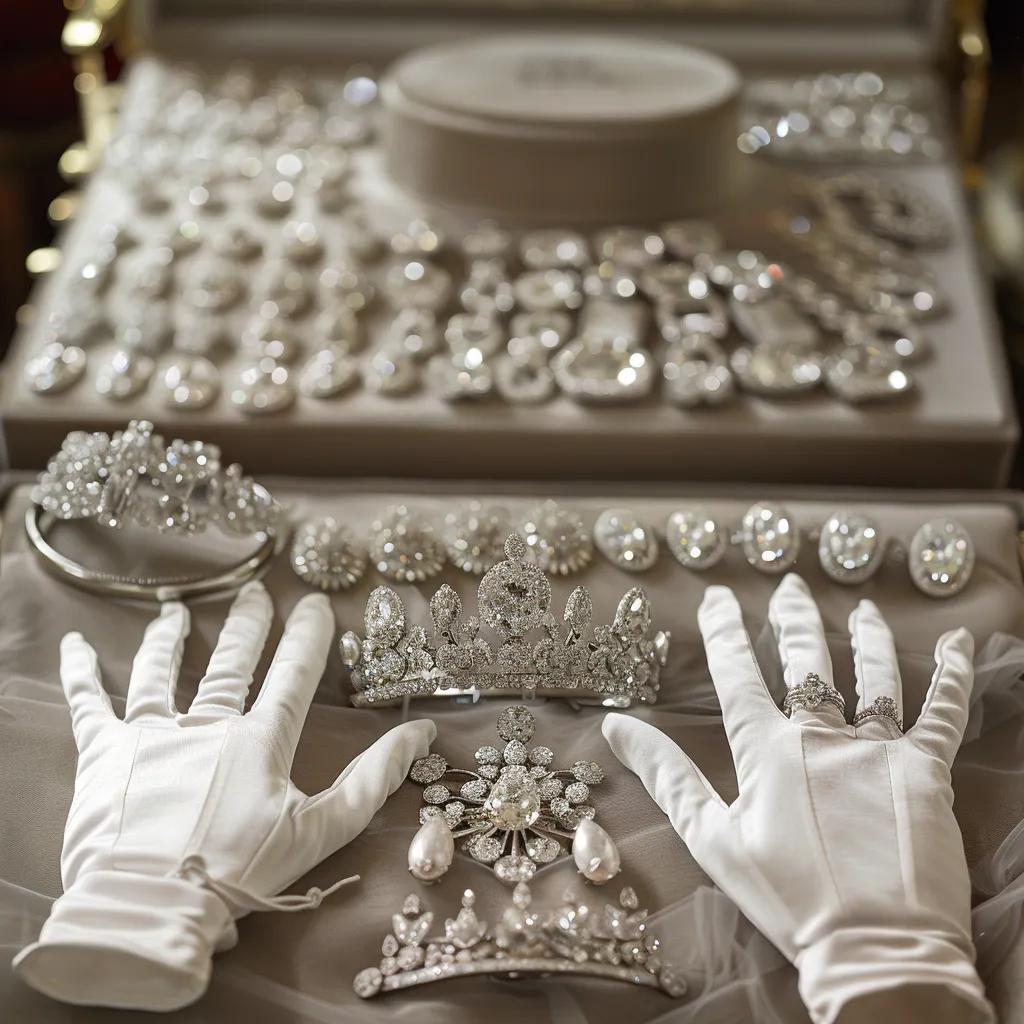 Essential debutante accessories including gloves, jewelry, and a tiara
