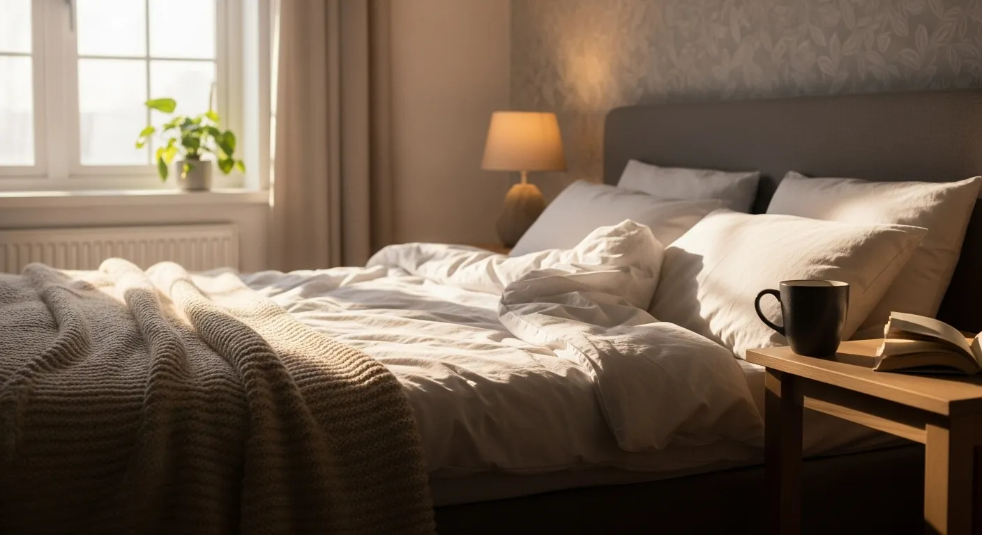 Sunlit bedroom with a made bed and coffee on a nightstand, symbolizing restful, confident sleep. Sunlit bedroom with a made bed and coffee on a nightstand, symbolizing restful, confident sleep.