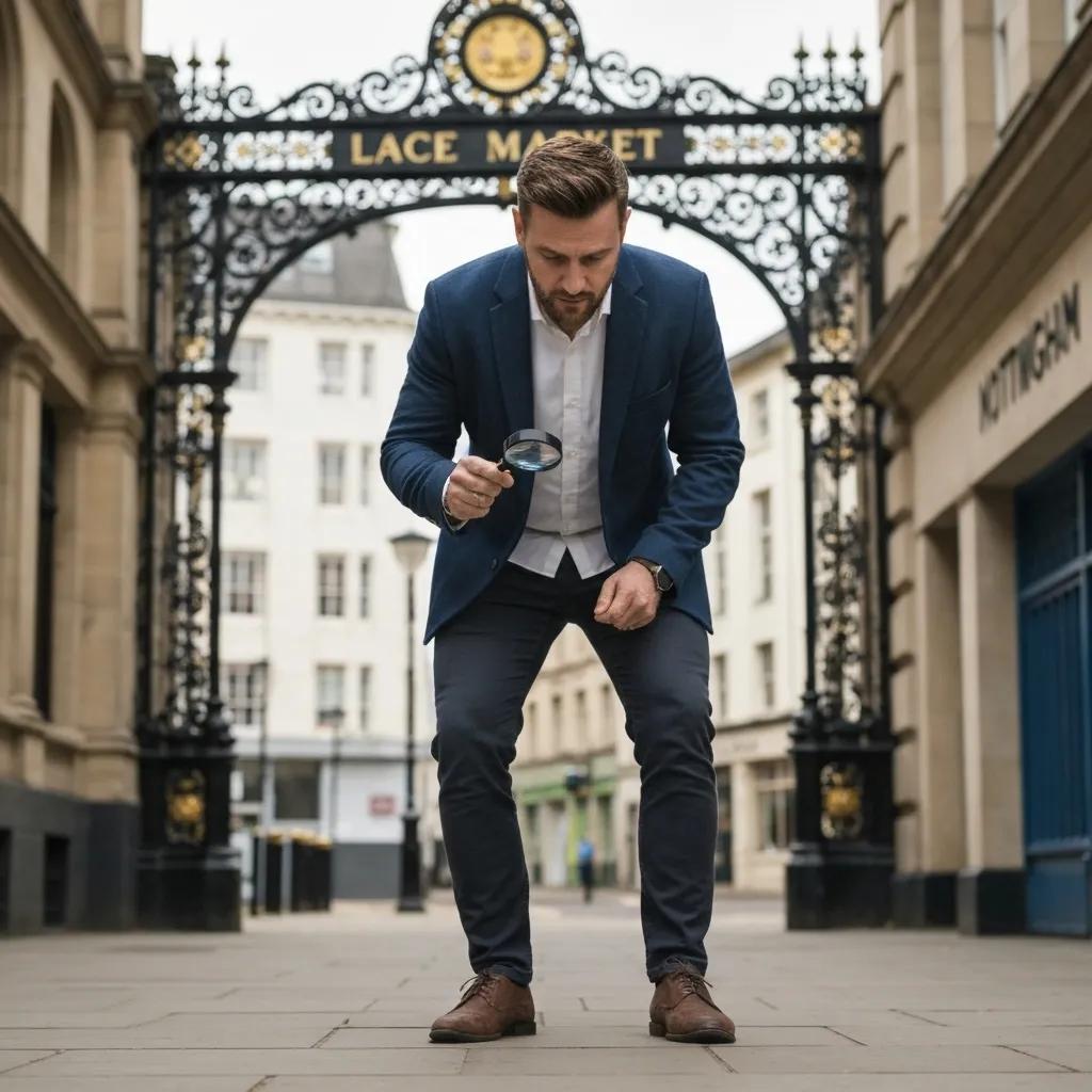 Private investigator examining evidence in Nottingham's urban landscape