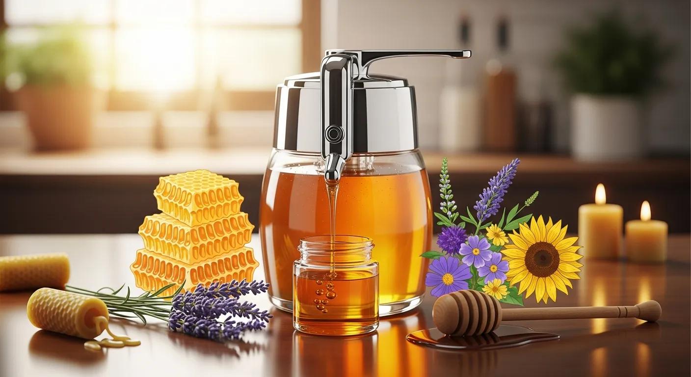 Huckle Bee Farms No-Drip Glass Honey Dispenser for Raw Honey.