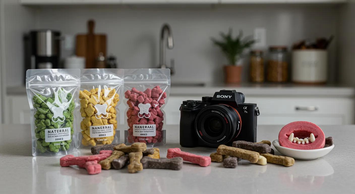 a stylish, modern kitchen filled with vibrant, natural dental treats arranged artfully on a sleek counter, highlighting the importance of puppy dental hygiene in a chic and inviting indoor setting. a stylish, modern kitchen filled with vibrant, natural dental treats arranged artfully on a sleek counter, highlighting the importance of puppy dental hygiene in a chic and inviting indoor setting.