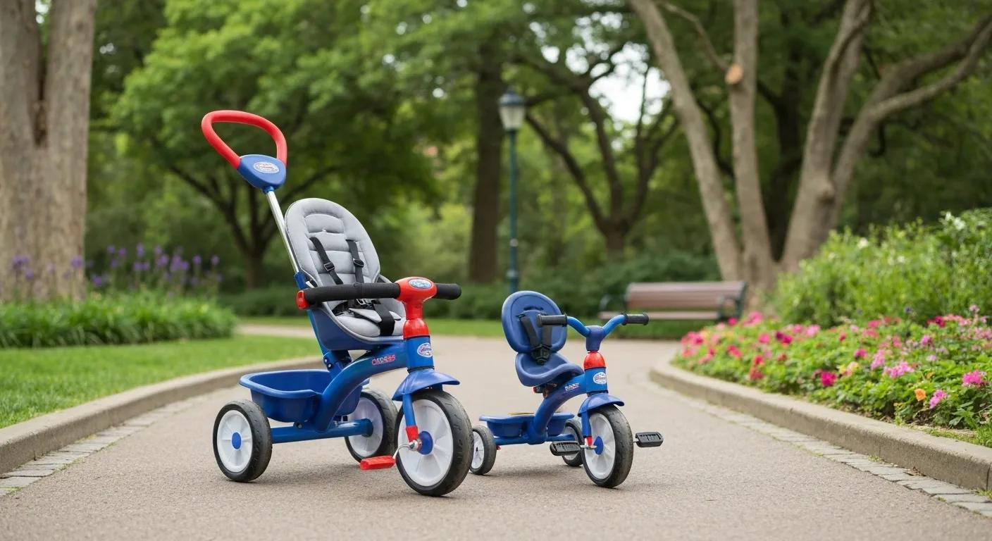 Convertible multi-stage baby trike in a park, illustrating the transition from parent-steer to independent riding