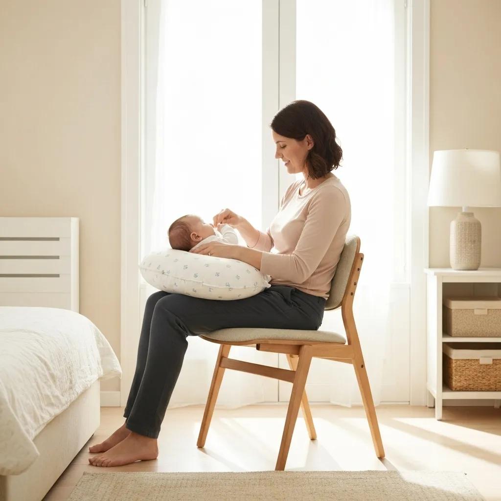 A mum safely using a nursing pillow while feeding her baby, emphasizing important safety precautions