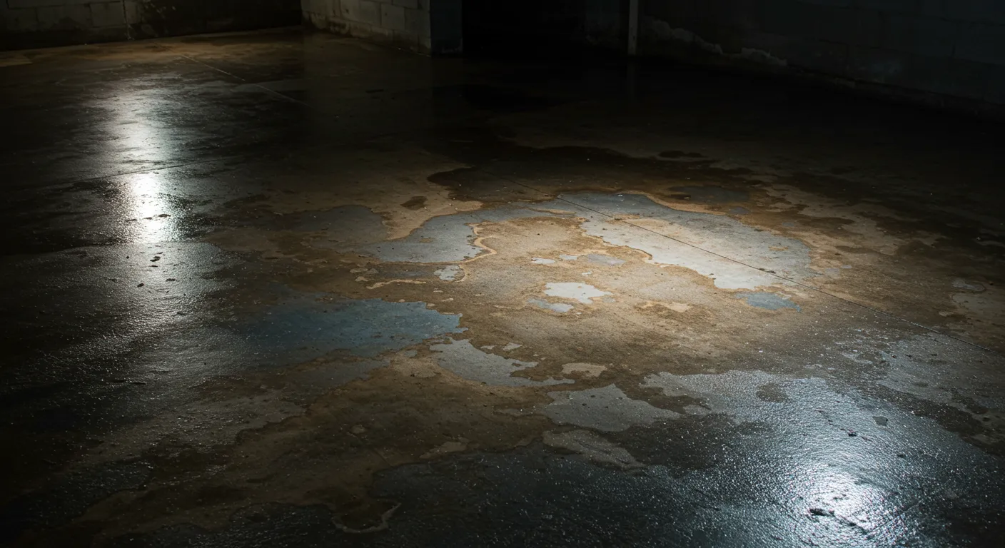 Water-damaged flooring with dark stains in a basement
