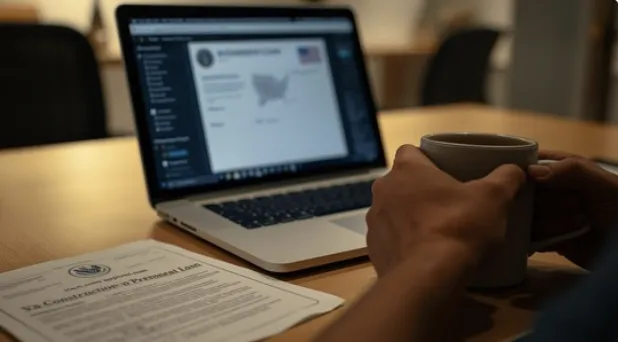 VA construction-to-permanent loan paperwork next to a laptop showing loan approval. VA construction-to-permanent loan paperwork next to a laptop showing loan approval.