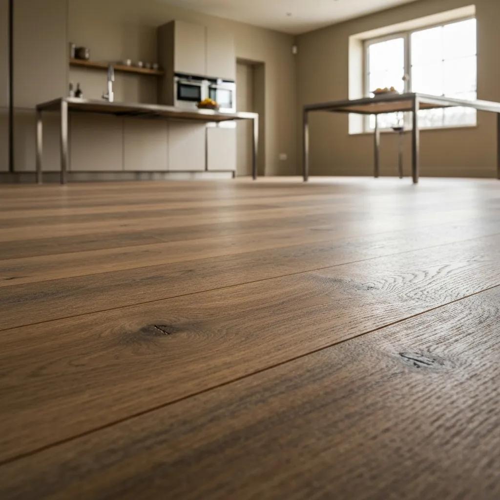 Close-up of rustic oak flooring showcasing unique grain patterns and knots, emphasizing its durability and aesthetic appeal